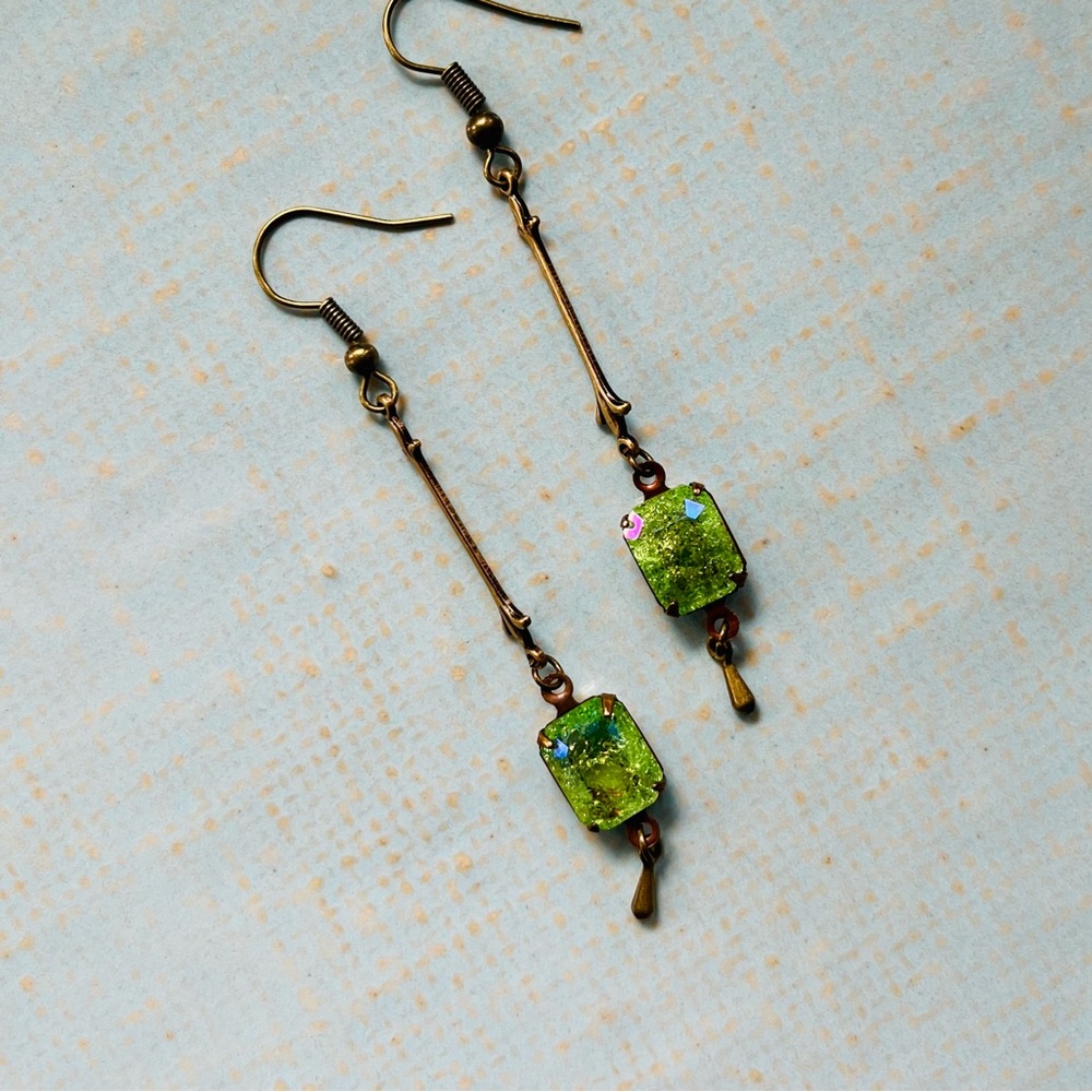 SOLD Peridot Green Crackle Glass Art Nouveau Earrings w a Glacier Blue Finish - Picture 8 of 15